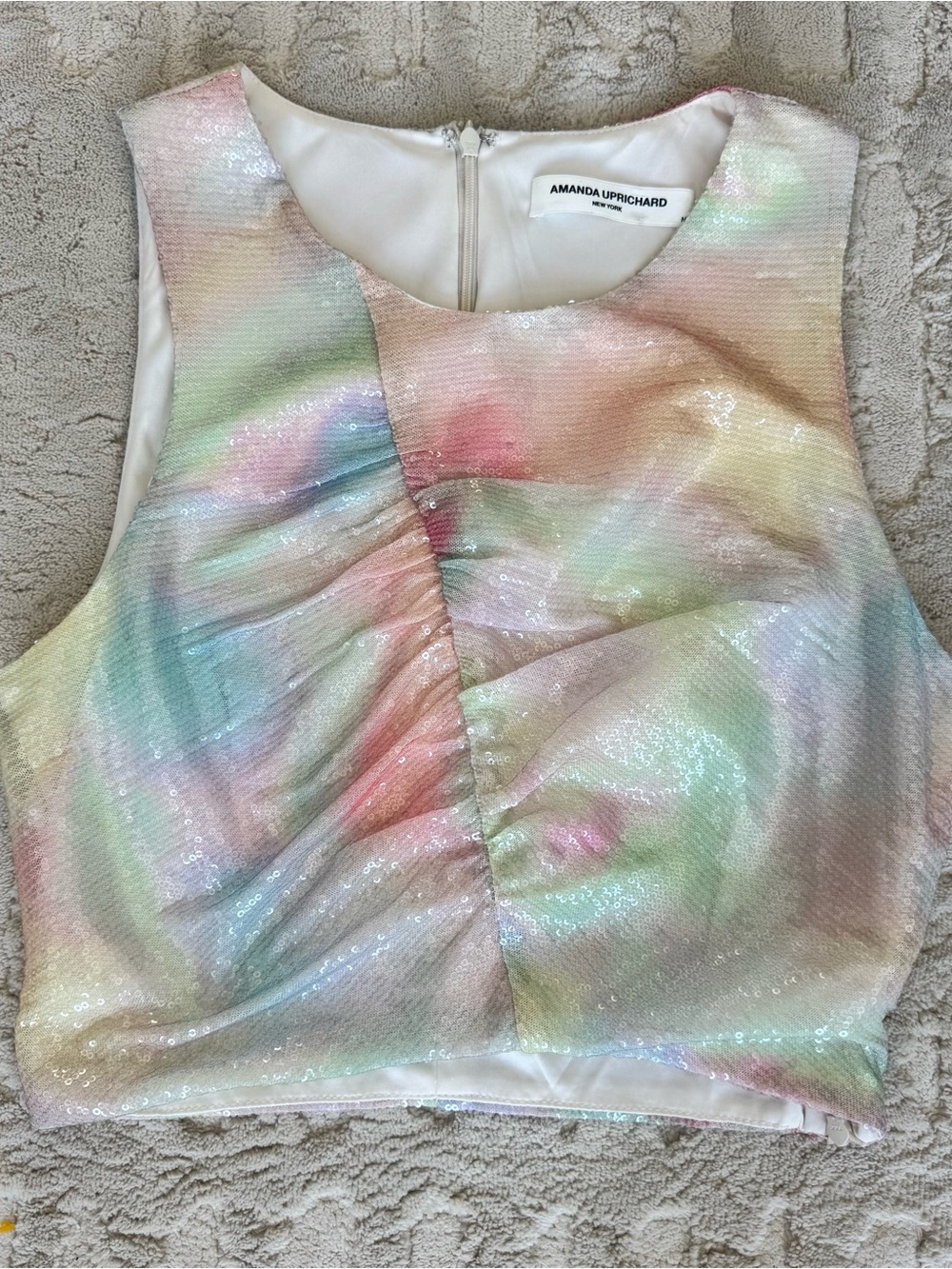 Amanda Uprichard Pastel Multi Sequin Ruched Crop Top